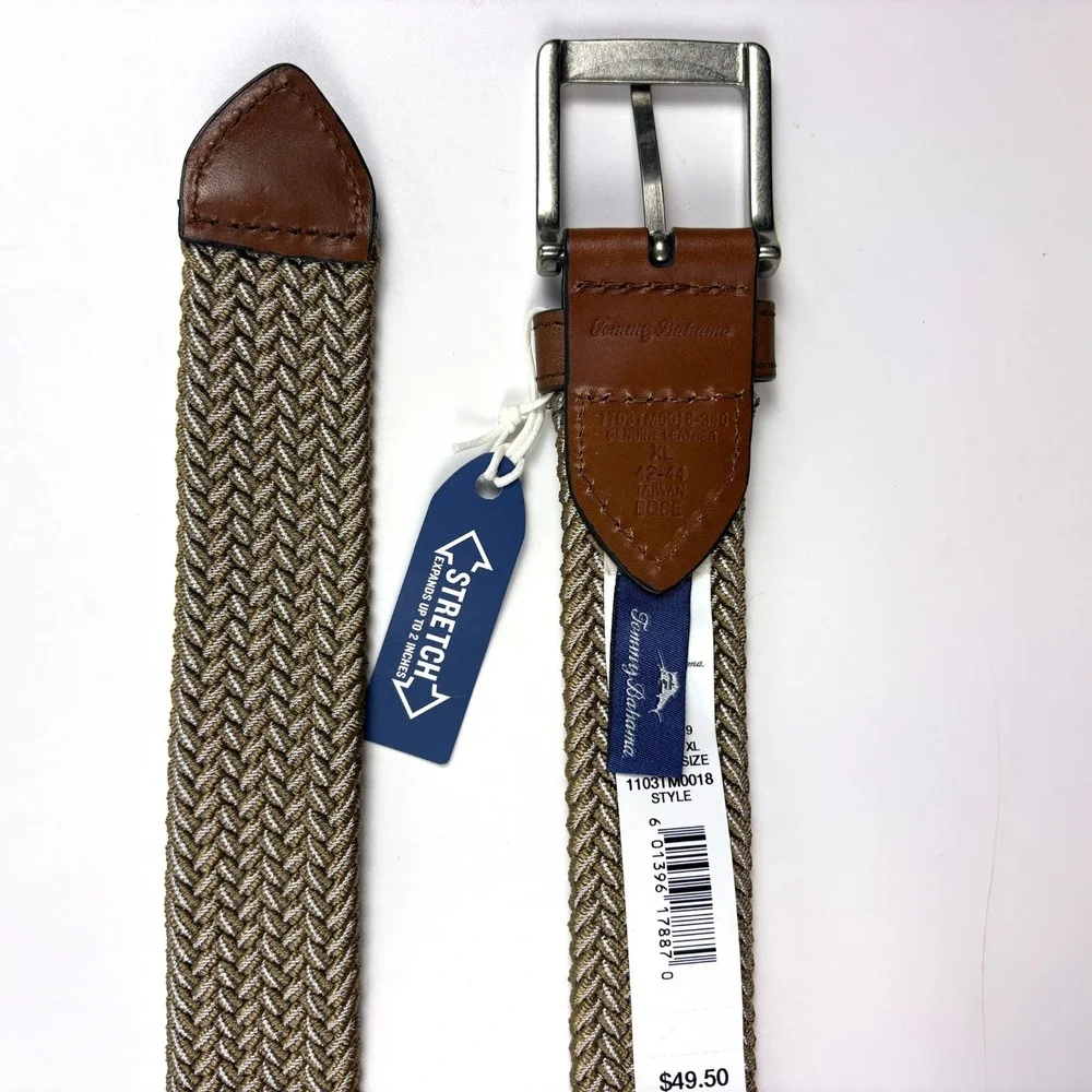 NWT Tommy Bahama 2 Tone Stretch Webbed Belt Mens Sz XL 42-44 Khaki Genuine Lthr